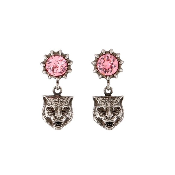 GucciPink Crystal Stud Tiger Drop Earrings